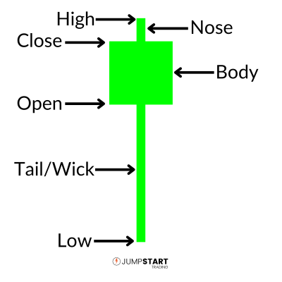Bullish Pin Bar with High, Low, Open, Close, Nose, Body, and Tail Labeled