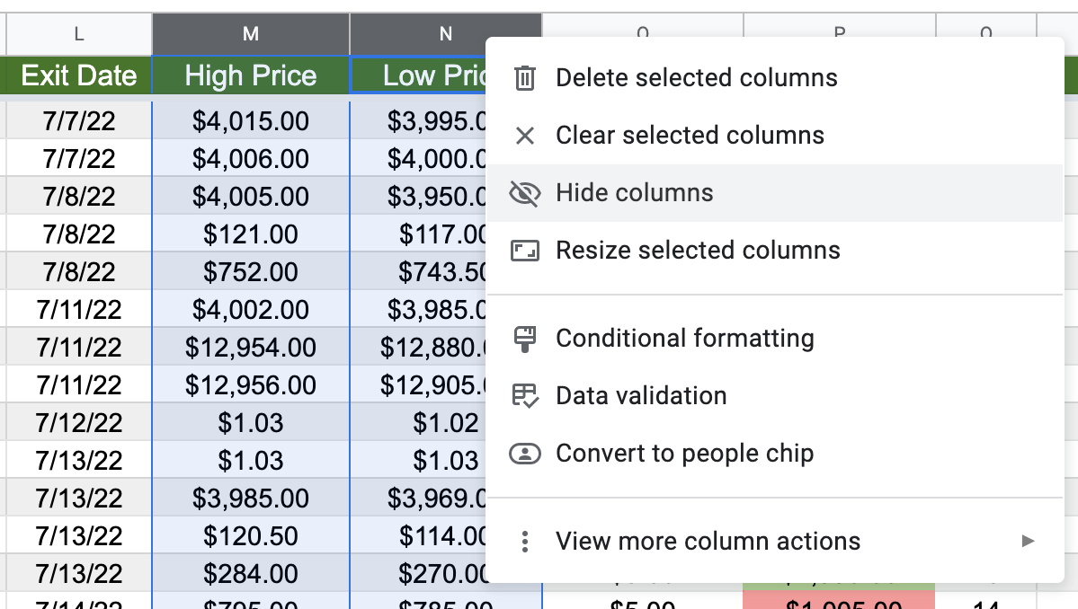 Example of Hiding Columns in Google Sheets